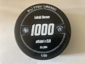Bílí Tygři Liberec - game used puck (Lukáš Derner - 1000. game - 1/50), LIB vs PLZ 2:1, 23/1/24